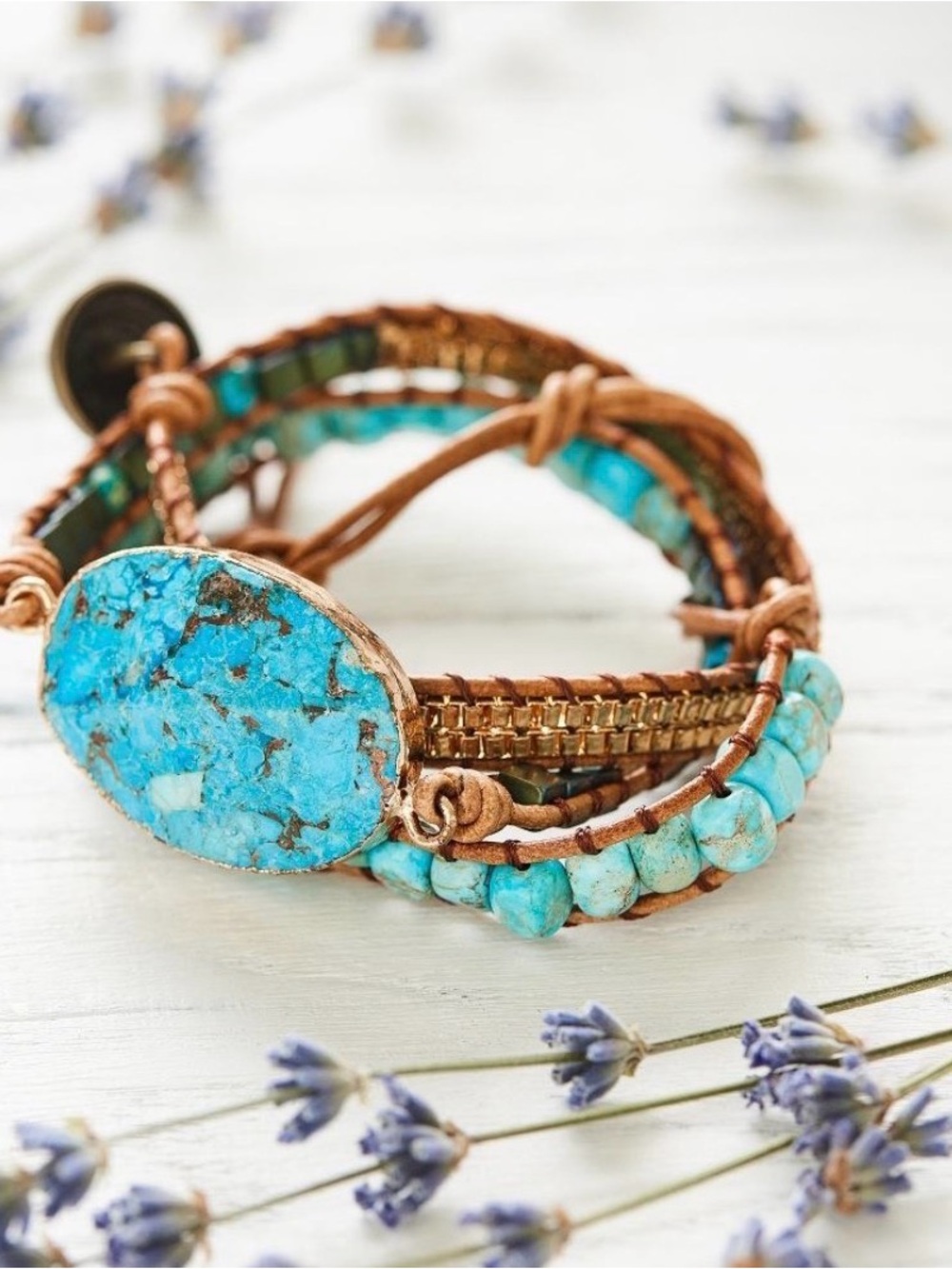 Chakra Healing Turquoise Imperial Jasper Leather Wrap Bracelet Made by Hand